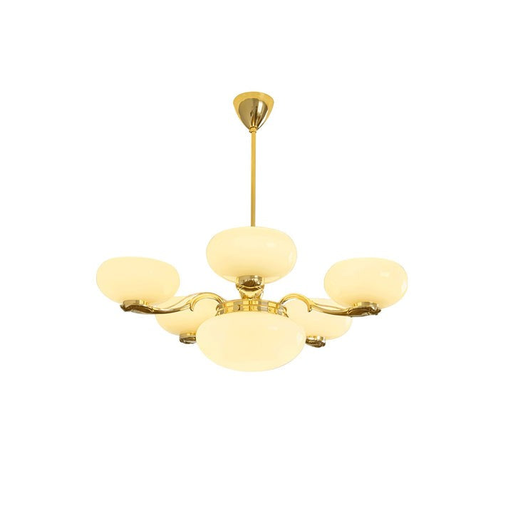 Brass Orb Chandelier with Beige Glass Shades