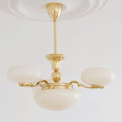 Brass Orb Chandelier with Beige Glass Shades