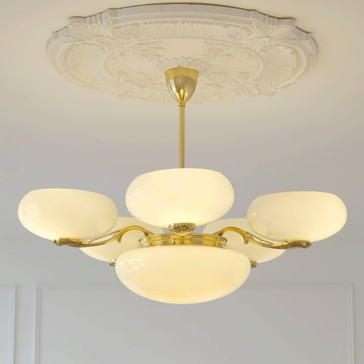 Brass Orb Chandelier with Beige Glass Shades
