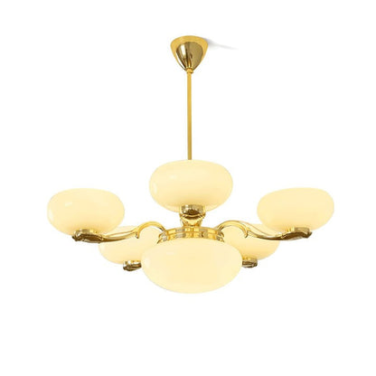 Brass Orb Chandelier with Beige Glass Shades