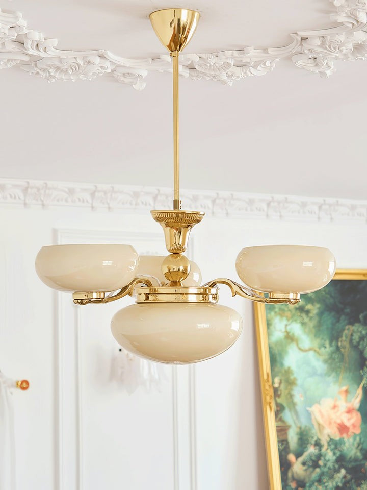 Brass Orb Chandelier with Beige Glass Shades