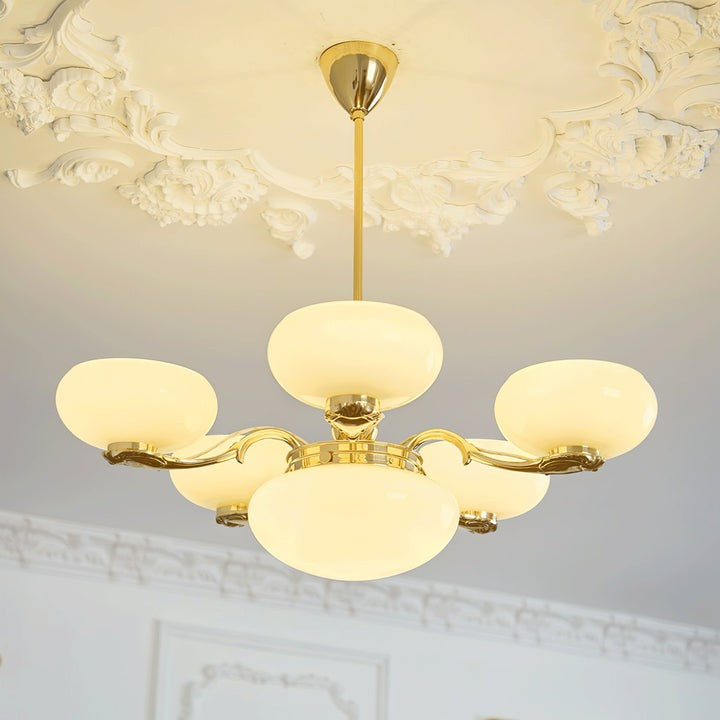 Brass Orb Chandelier with Beige Glass Shades