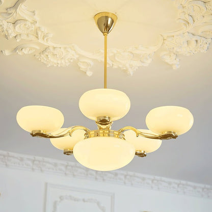 Brass Orb Chandelier with Beige Glass Shades