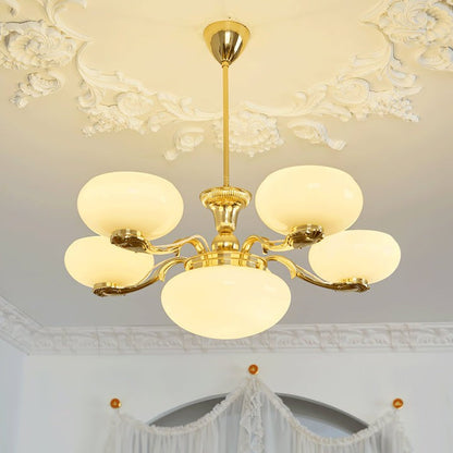 Brass Orb Chandelier with Beige Glass Shades