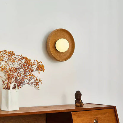 Brown Ceramic Round Wall Sconce with White Glass Globe