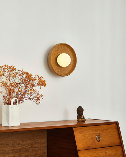 Brown Ceramic Round Wall Sconce with White Glass Globe