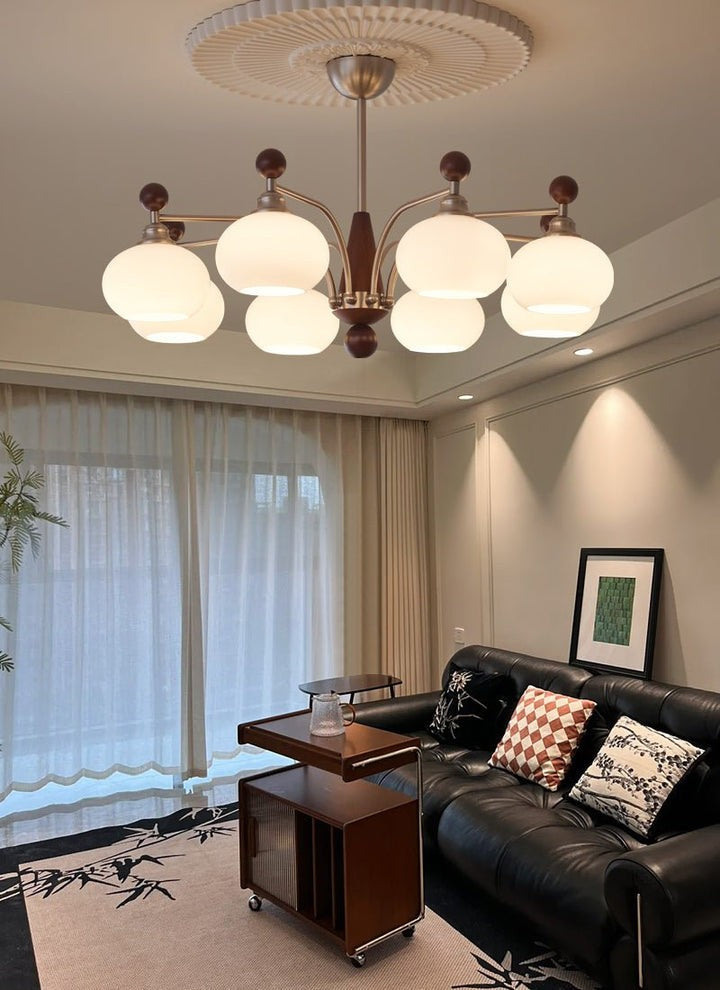 Celestial Walnut and Opal Globe Chandelier