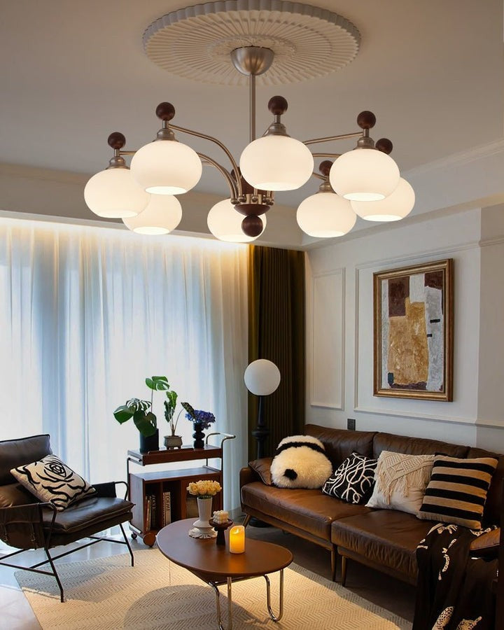 Celestial Walnut and Opal Globe Chandelier