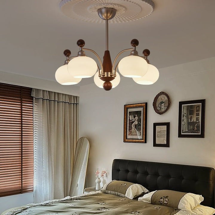 Celestial Walnut and Opal Globe Chandelier
