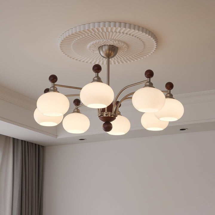 Celestial Walnut and Opal Globe Chandelier