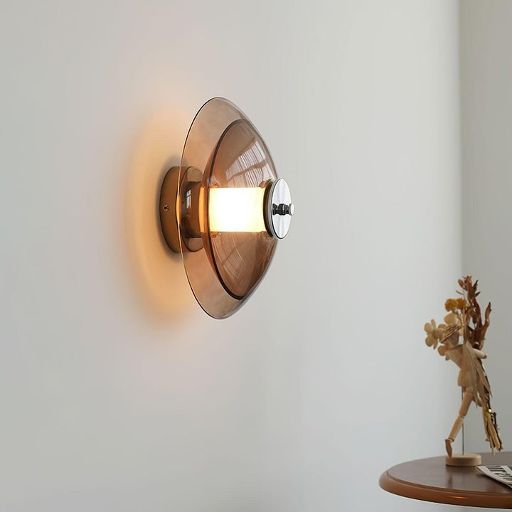 Chrome Saucer Wall Lamp with Amber Glass Shade