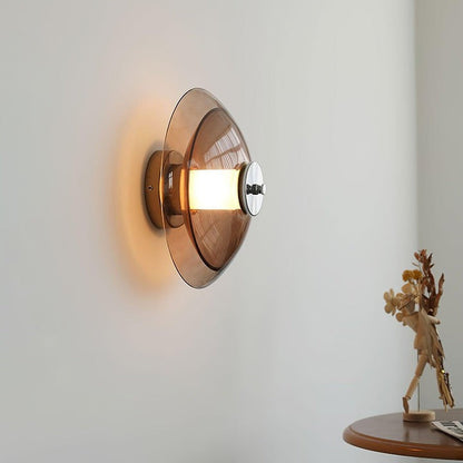 Chrome Saucer Wall Lamp with Amber Glass Shade