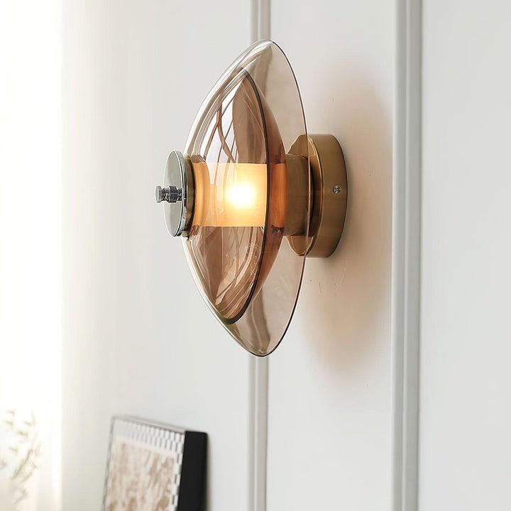 Chrome Saucer Wall Lamp with Amber Glass Shade