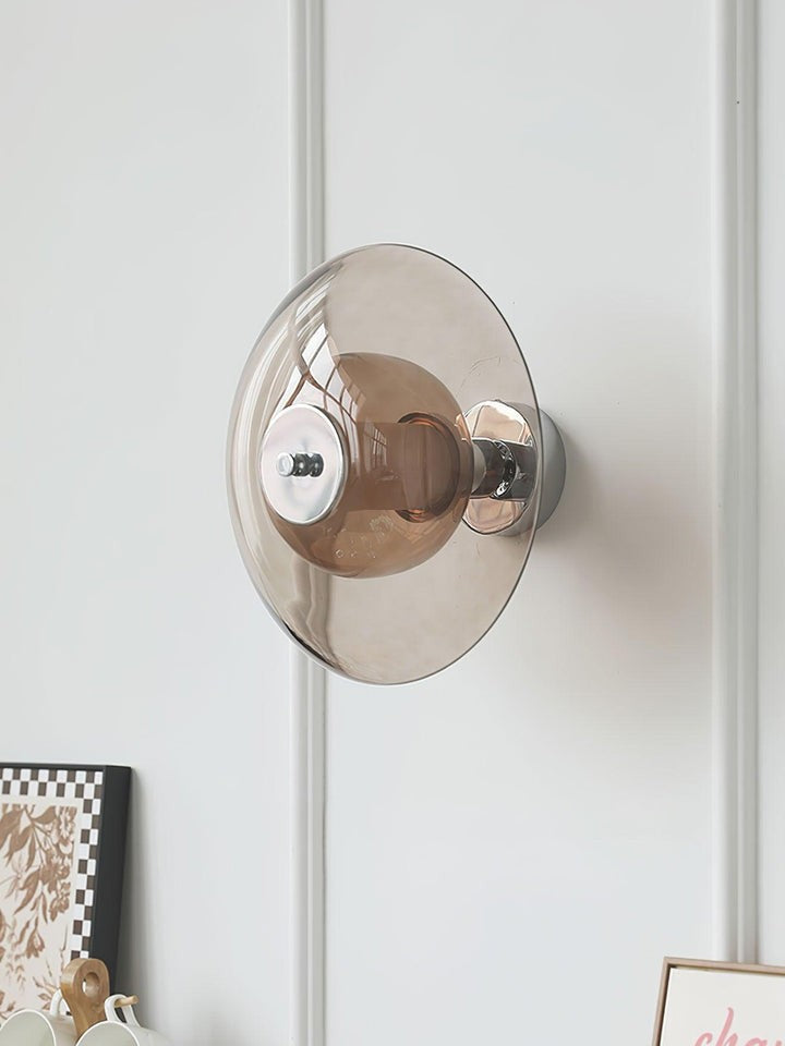 Chrome Saucer Wall Lamp with Amber Glass Shade