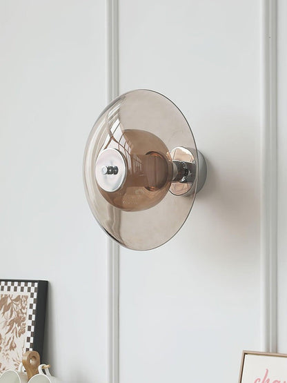 Chrome Saucer Wall Lamp with Amber Glass Shade