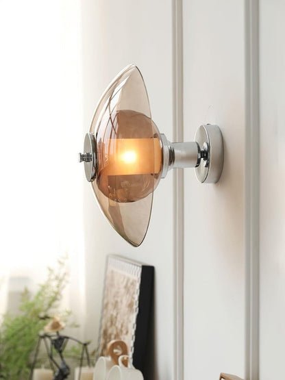 Chrome Saucer Wall Lamp with Amber Glass Shade
