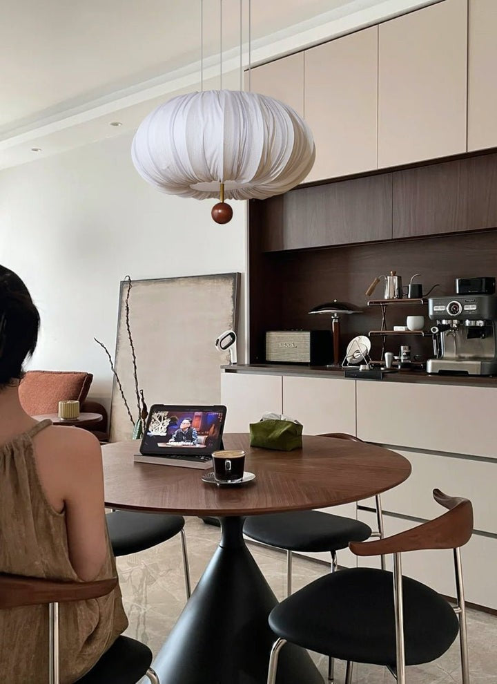Cloud-Like Balloon Ceiling Pendant Light with Fabric & Wood Accents