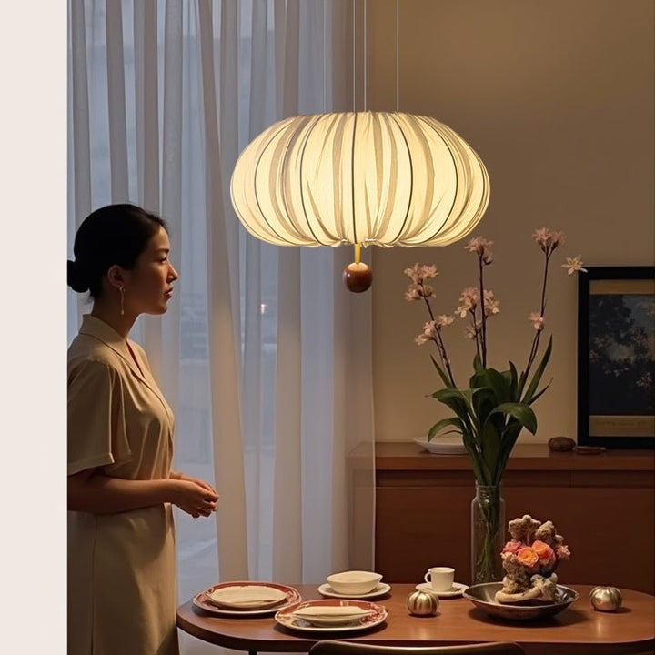 Cloud-Like Balloon Ceiling Pendant Light with Fabric & Wood Accents