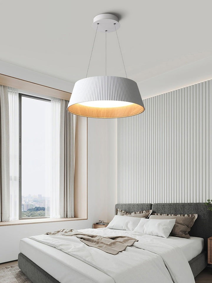 Contemporary Ribbed LED Pendant Light with Wooden Accent