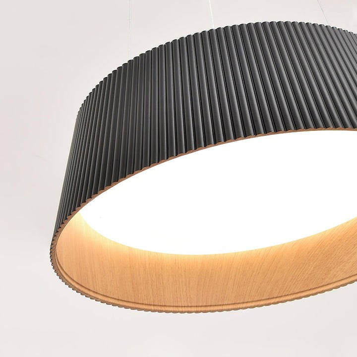 Contemporary Ribbed LED Pendant Light with Wooden Accent