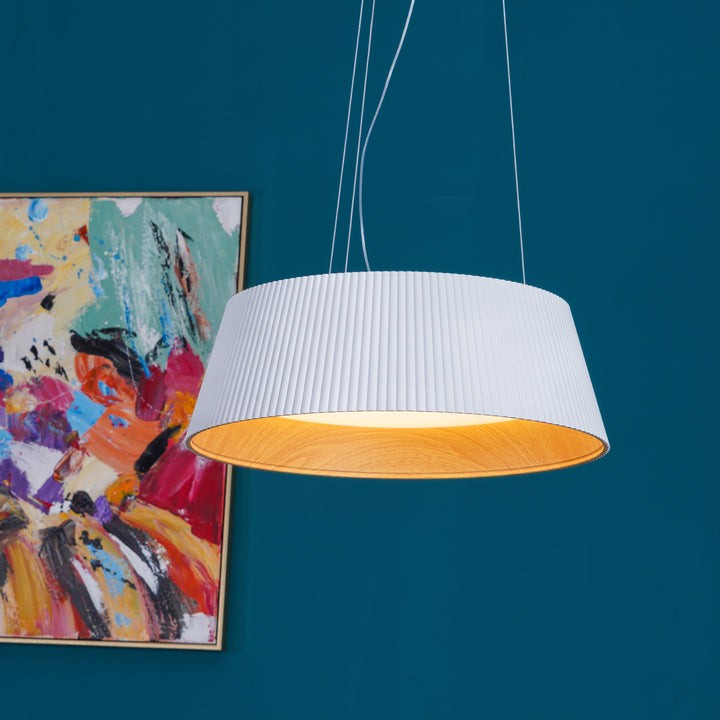 Contemporary Ribbed LED Pendant Light with Wooden Accent