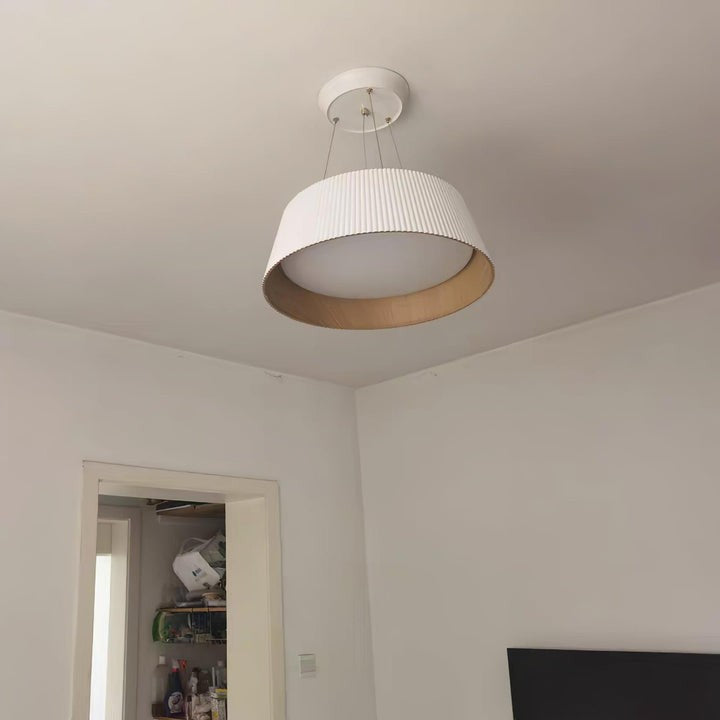 Contemporary Ribbed LED Pendant Light with Wooden Accent