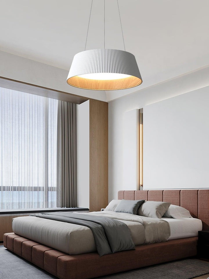 Contemporary Ribbed LED Pendant Light with Wooden Accent