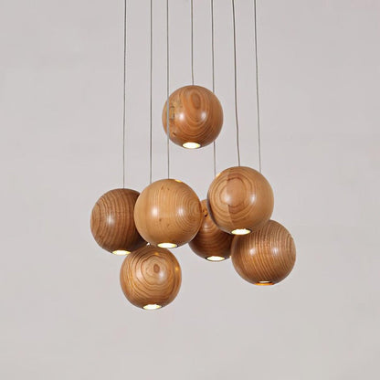 Contemporary Wooden Orb Cluster Pendant Light Fixture