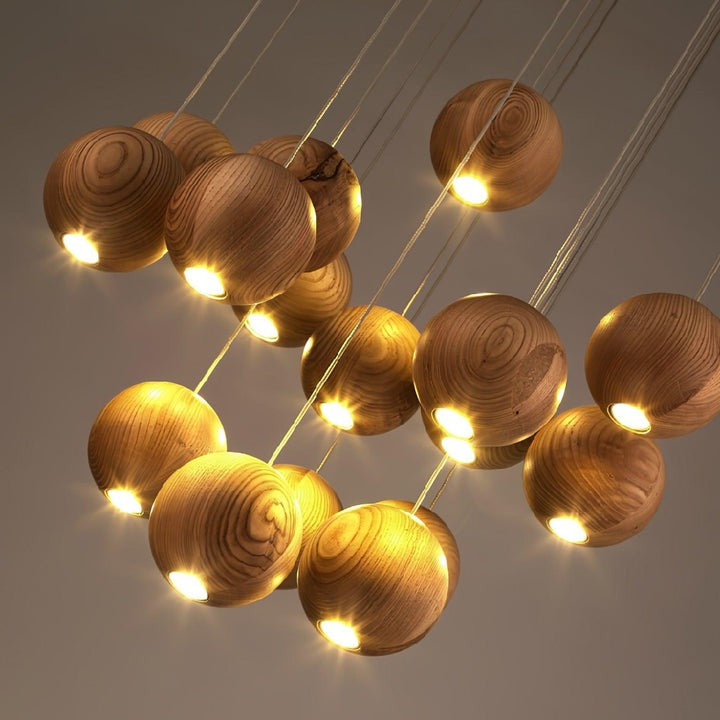 Contemporary Wooden Orb Cluster Pendant Light Fixture