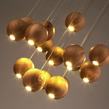 Contemporary Wooden Orb Cluster Pendant Light Fixture