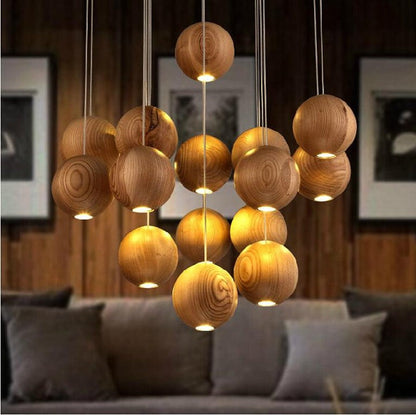 Contemporary Wooden Orb Cluster Pendant Light Fixture