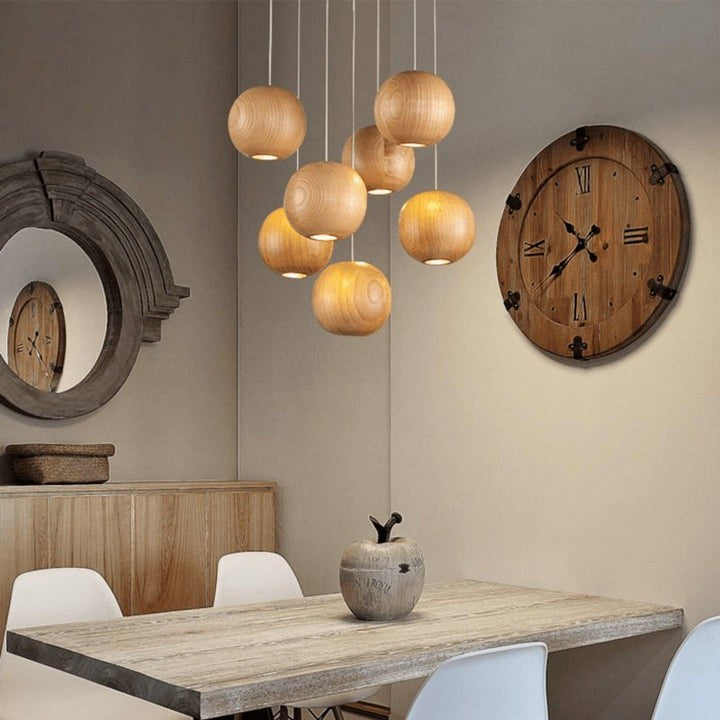 Contemporary Wooden Orb Cluster Pendant Light Fixture
