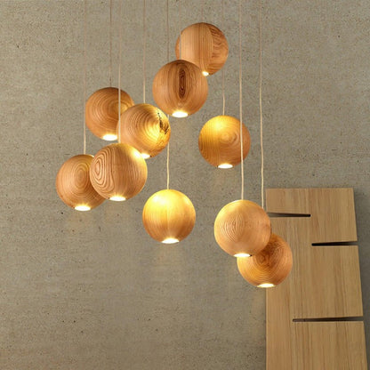 Contemporary Wooden Orb Cluster Pendant Light Fixture