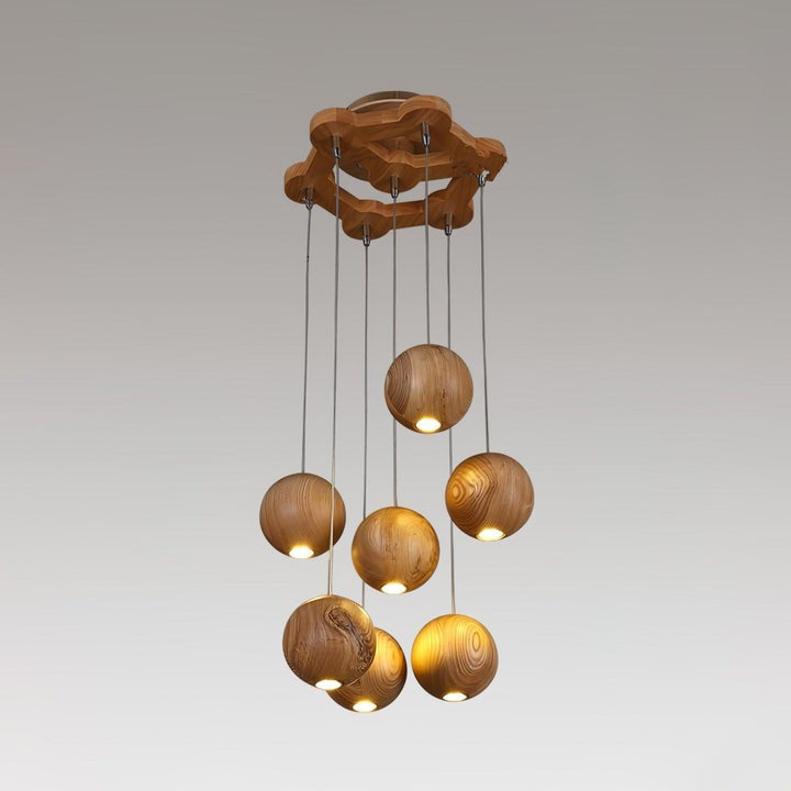 Contemporary Wooden Orb Cluster Pendant Light Fixture