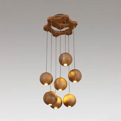 Contemporary Wooden Orb Cluster Pendant Light Fixture