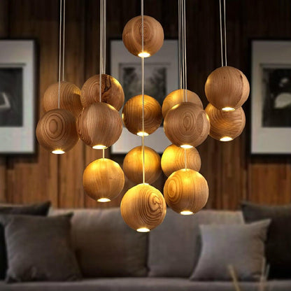 Contemporary Wooden Orb Cluster Pendant Light Fixture