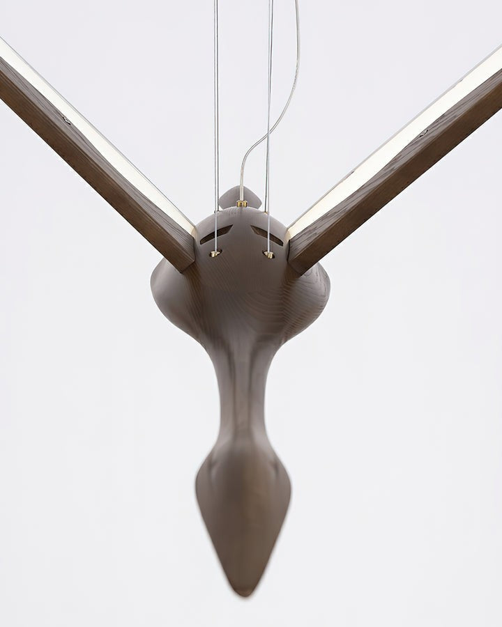Crane-Inspired Wood & Metal LED Pendant Light
