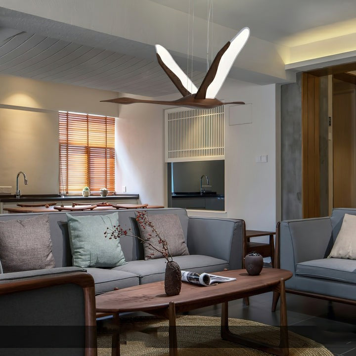 Crane-Inspired Wood & Metal LED Pendant Light