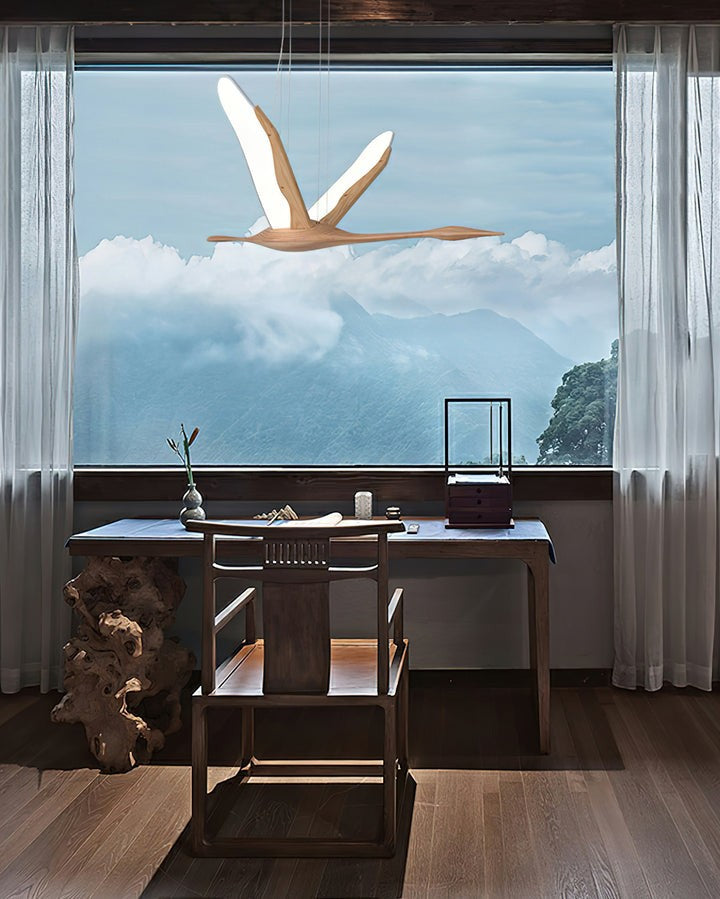 Crane-Inspired Wood & Metal LED Pendant Light