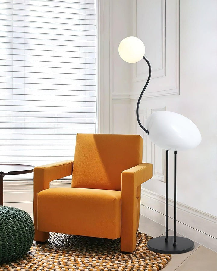 Flamingo-Inspired Gold Floor Lamp with Glass Orb