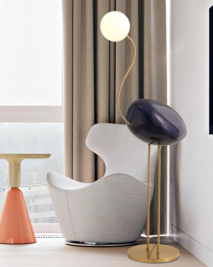Flamingo-Inspired Gold Floor Lamp with Glass Orb