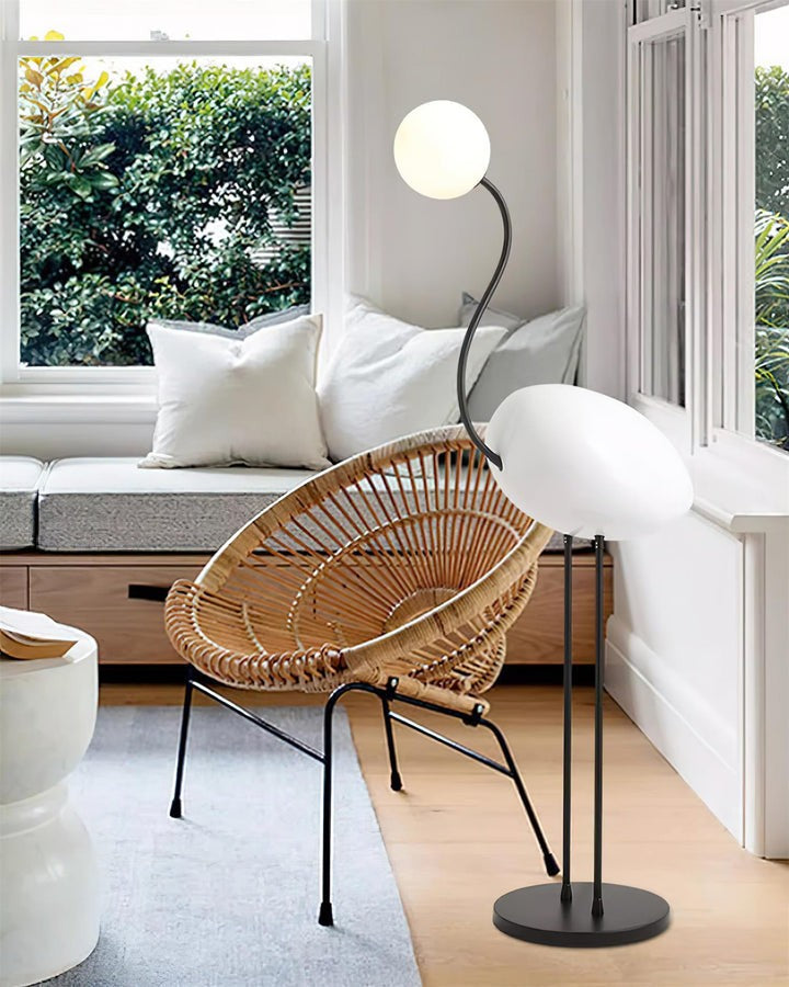 Flamingo-Inspired Gold Floor Lamp with Glass Orb