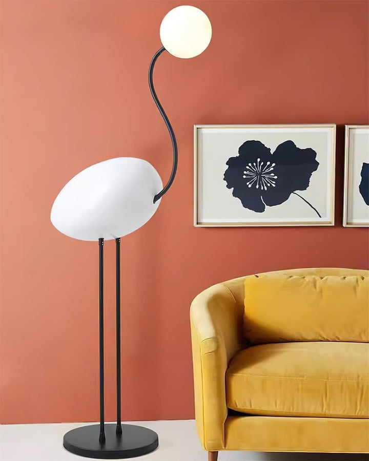 Flamingo-Inspired Gold Floor Lamp with Glass Orb