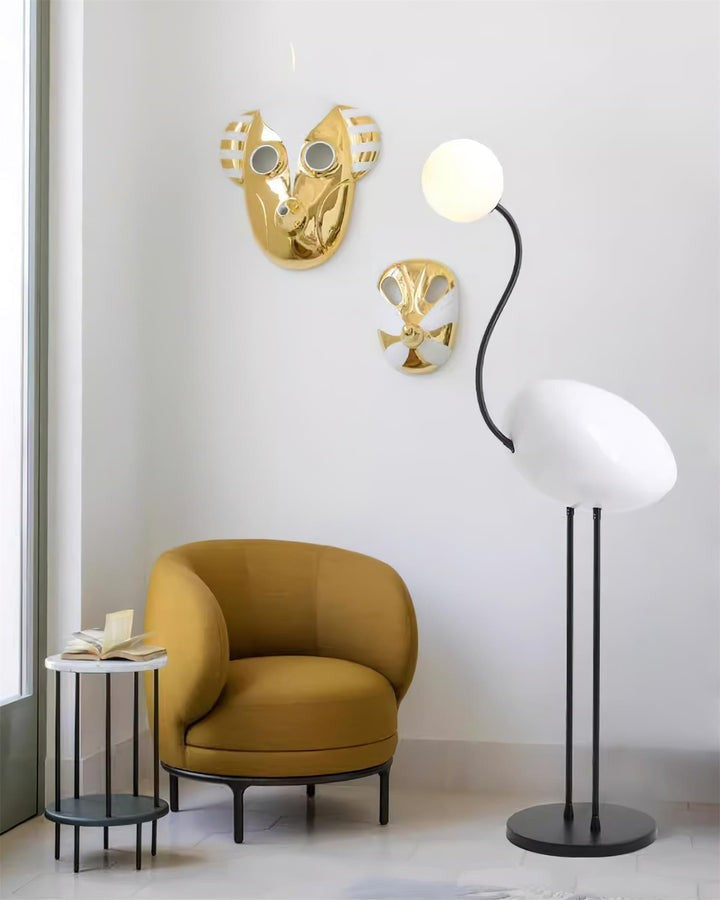 Flamingo-Inspired Gold Floor Lamp with Glass Orb