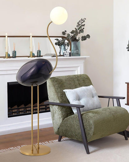 Flamingo-Inspired Gold Floor Lamp with Glass Orb