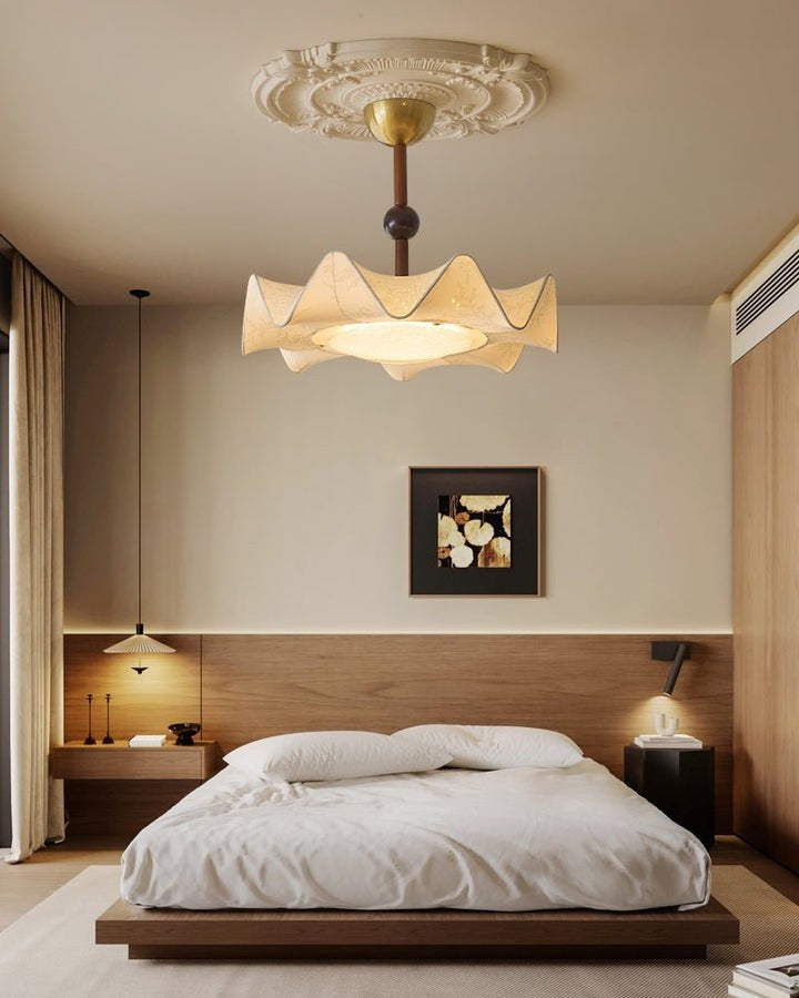 Floral Fabric LED Ceiling Fixture with Wood & Iron Accents