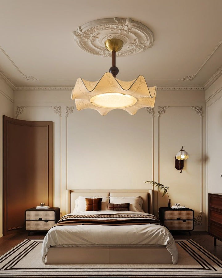 Floral Fabric LED Ceiling Fixture with Wood & Iron Accents