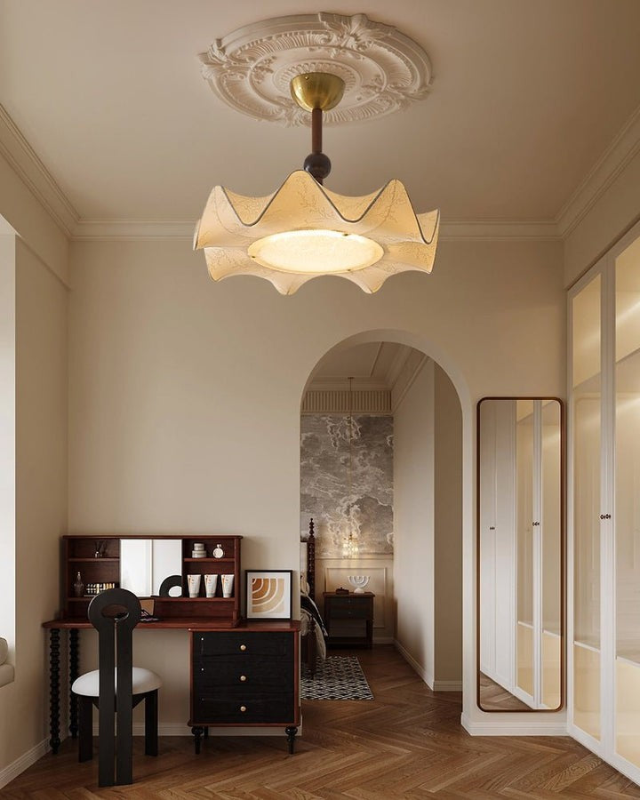 Floral Fabric LED Ceiling Fixture with Wood & Iron Accents