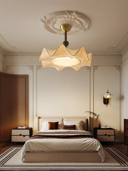 Floral Fabric LED Ceiling Fixture with Wood & Iron Accents
