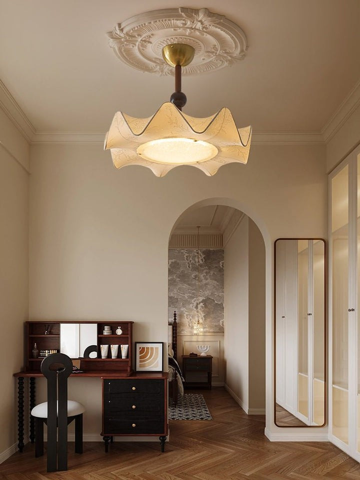 Floral Fabric LED Ceiling Fixture with Wood & Iron Accents